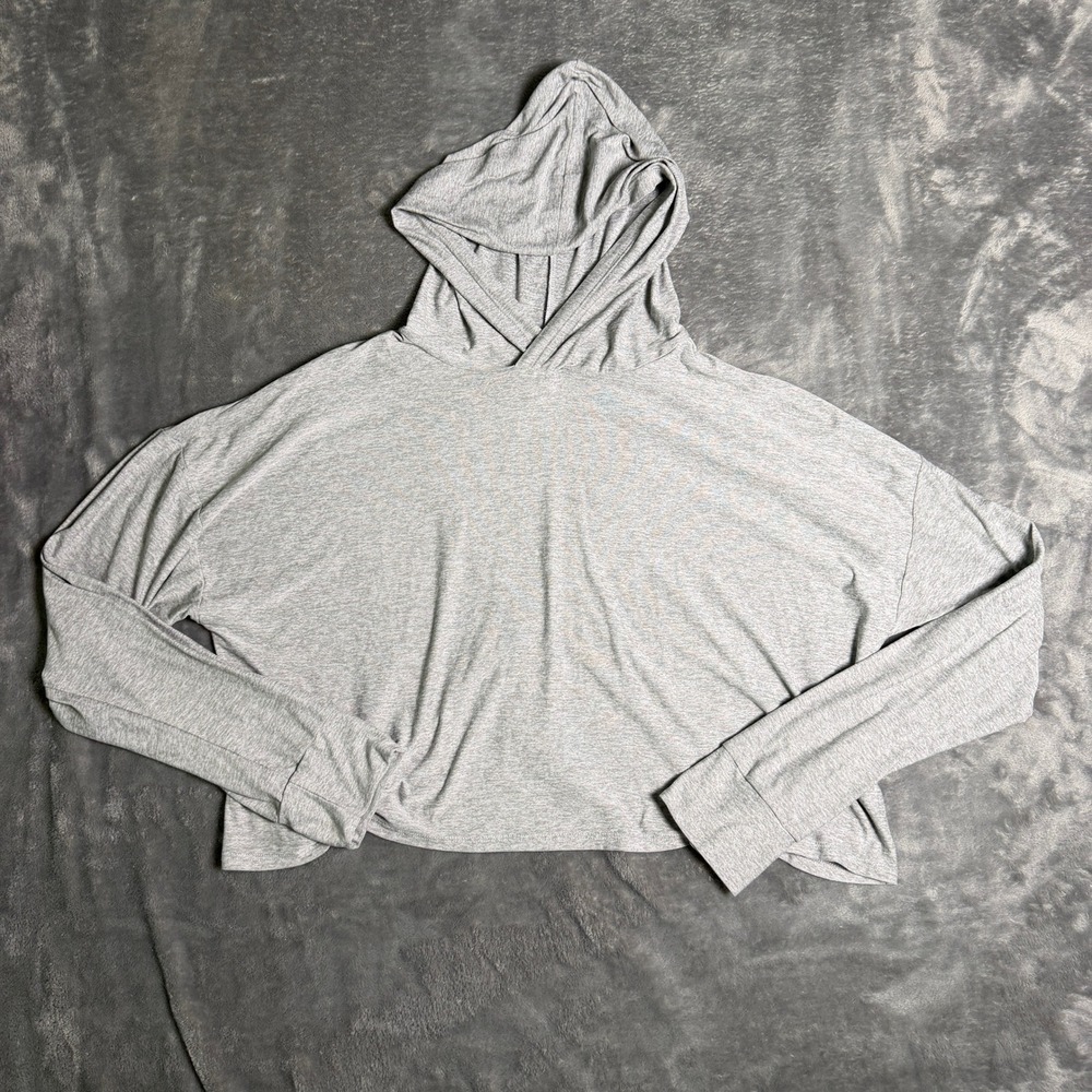 Beyond Yoga Womens Sz Large Heather Gray Open Back Cropped Hoodie Sweatshirt